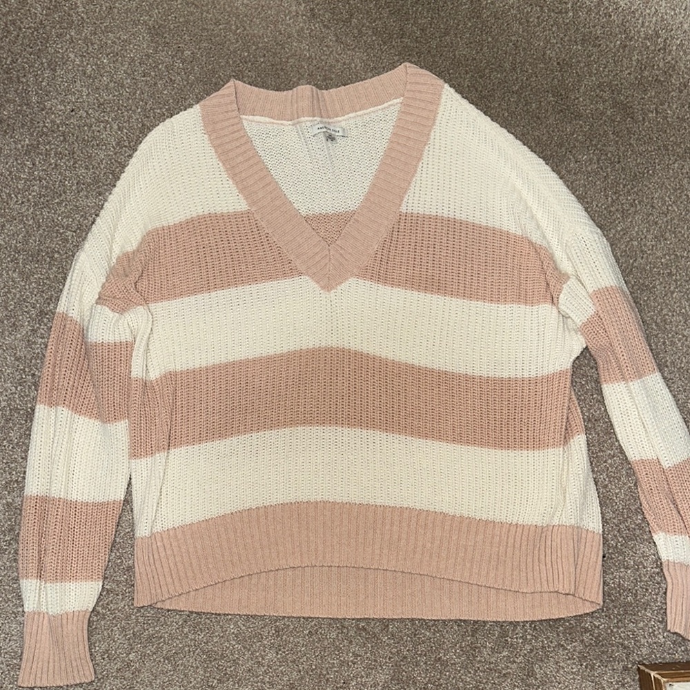 American Eagle Outfitters Pink and White V-Neck Sweater
